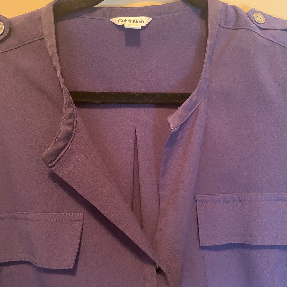 Calvin Klein Women Large Navy Purple Button Down L/S Roll Tab Blouse Top - Picture 4 of 12